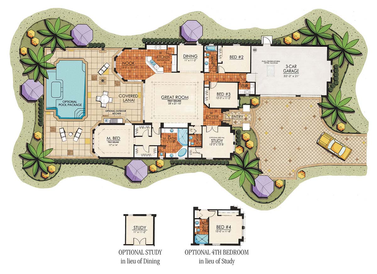 Ruffino II Floor Plan in Paseo, 3 bedroom, 2 � bath, great room, dining room, study (opt. 4th bedroom), screened covered lanai, 3-car garage